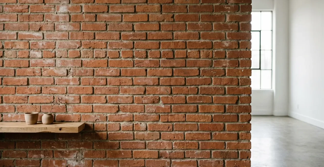 Close-up detail of exposed interior brick wall texture showing natural variations and mortar joints