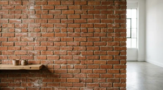 Close-up detail of exposed interior brick wall texture showing natural variations and mortar joints