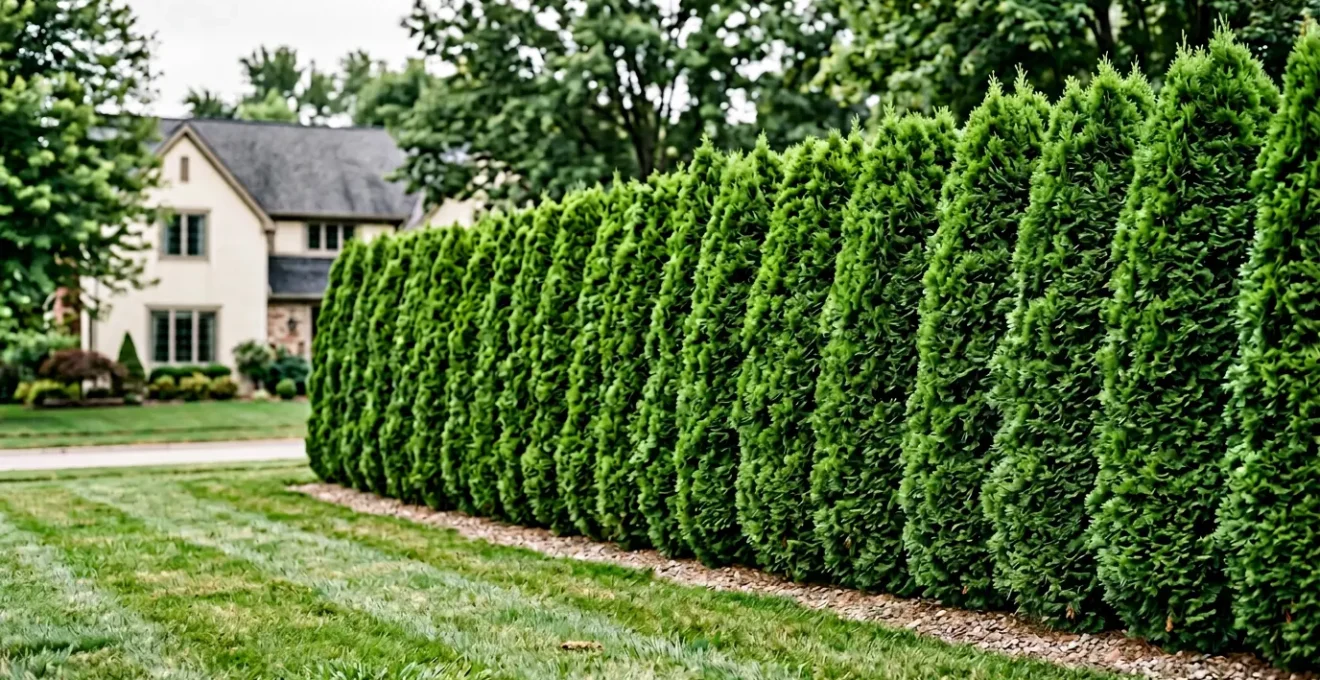 Dense evergreen privacy hedge with lush green foliage creating a natural screen in a residential landscape
