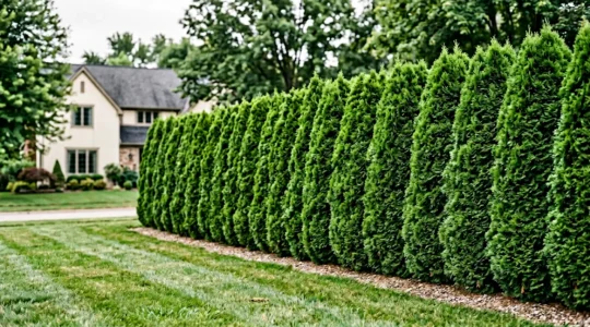Dense evergreen privacy hedge with lush green foliage creating a natural screen in a residential landscape