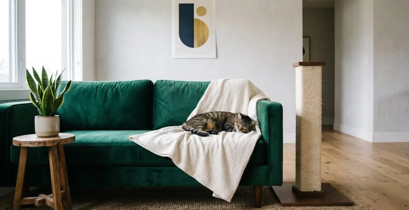 Modern living room interior showing velvet upholstered furniture with strategically placed cat scratching post nearby in natural daylight
