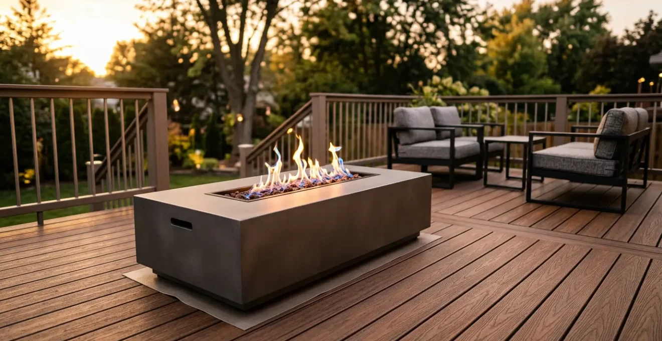 Modern gas fire table safely positioned on composite deck with protective heat barrier and proper clearance