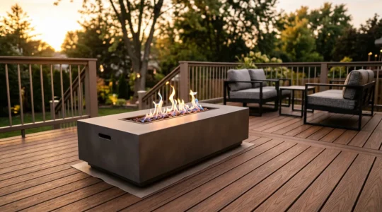 Modern gas fire table safely positioned on composite deck with protective heat barrier and proper clearance