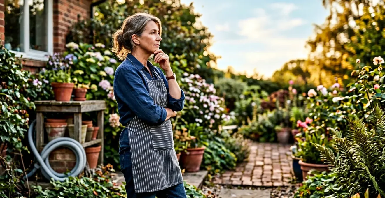 Thoughtful homeowner contemplating outdoor plumbing decision with landscape in background