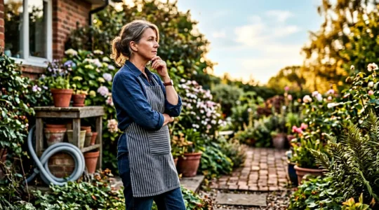 Thoughtful homeowner contemplating outdoor plumbing decision with landscape in background