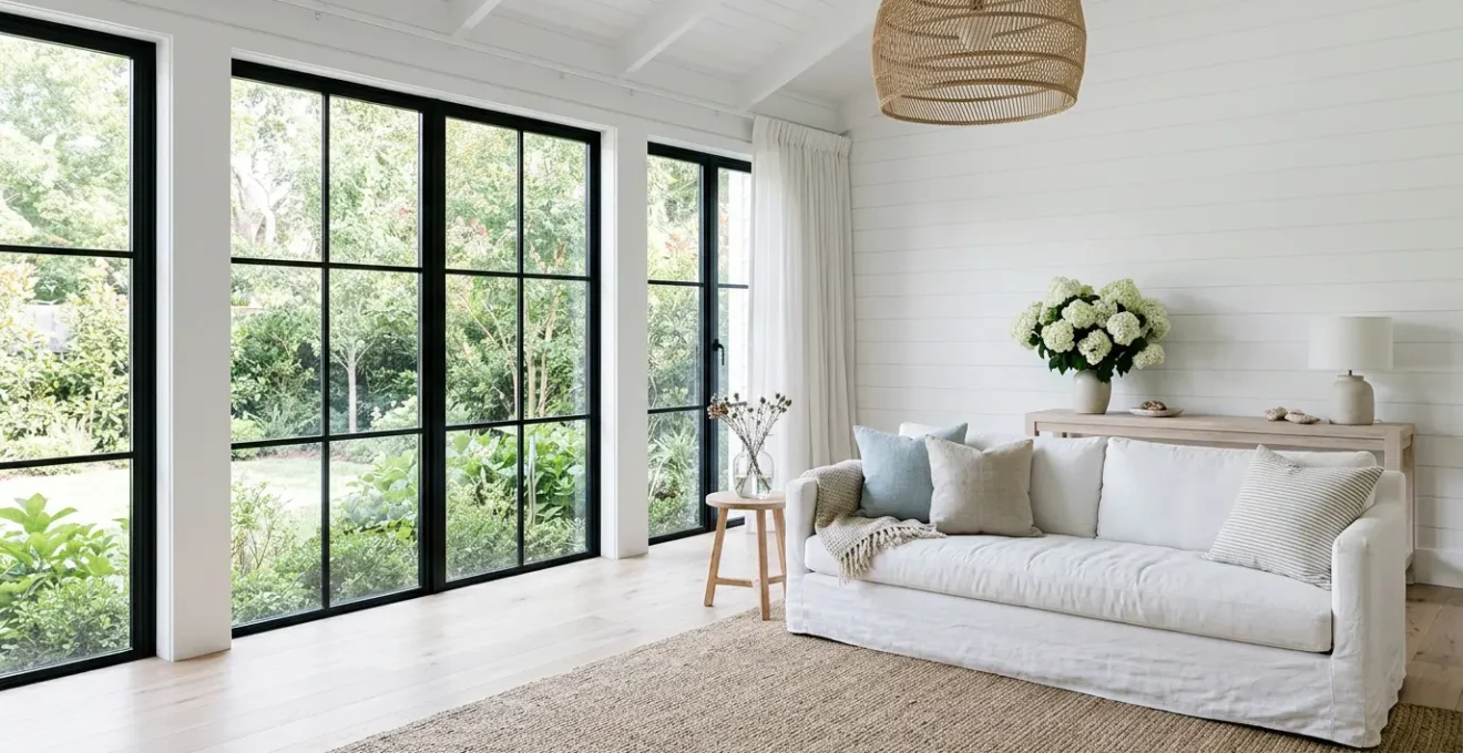 Bright coastal living room with natural textures, white linen furniture, and abundant natural light creating an airy Hamptons aesthetic