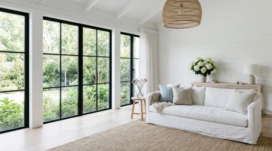 Bright coastal living room with natural textures, white linen furniture, and abundant natural light creating an airy Hamptons aesthetic