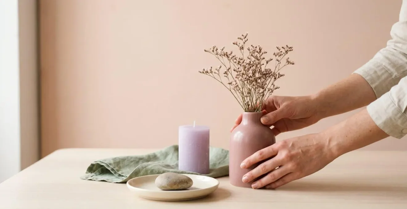 Human hands arranging pastel home decor items under warm natural lighting showing true color fidelity and subtle undertone variations