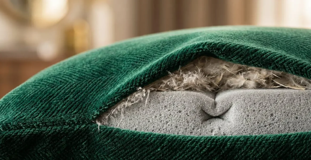 Close-up macro detail of luxury cushion fabric showing velvet texture with soft foam layers