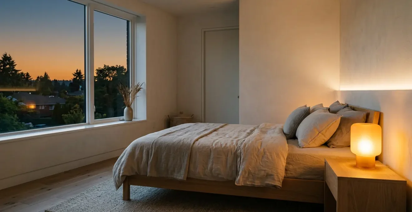 Modern bedroom with warm ambient lighting demonstrating human-centric LED sleep optimization
