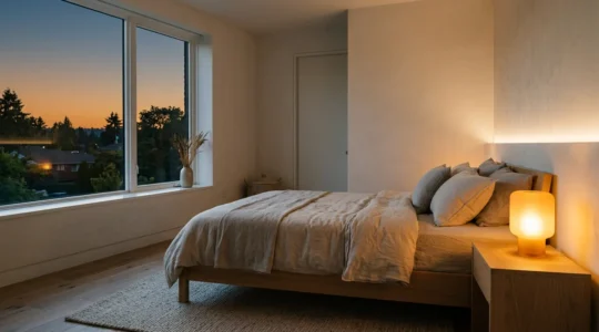 Modern bedroom with warm ambient lighting demonstrating human-centric LED sleep optimization