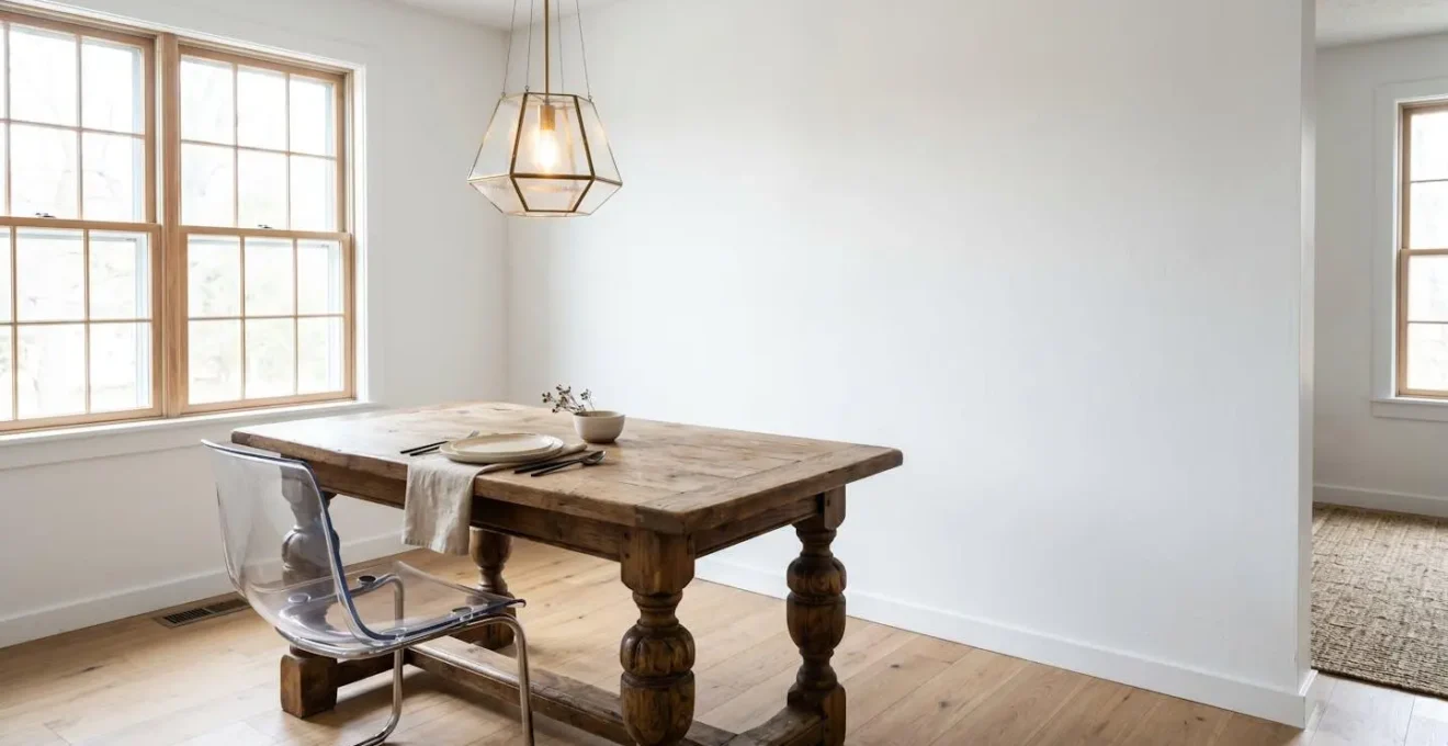 Editorial photograph showing contemporary chair beside antique table leg demonstrating visual weight balance