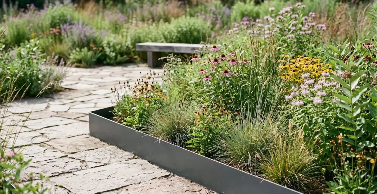 A well-designed native garden showing clean stone borders and a structured pathway, illustrating 'cues to care'.