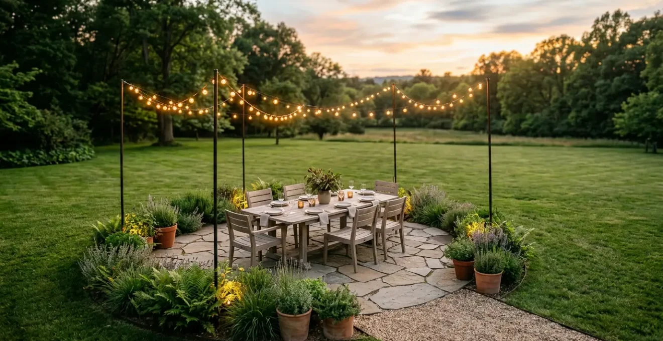 Intimate outdoor dining area with zoned lighting and defined boundaries in expansive backyard