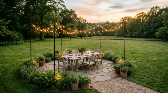 Intimate outdoor dining area with zoned lighting and defined boundaries in expansive backyard