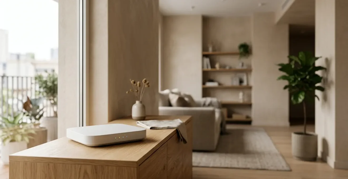 Modern wireless router with invisible network signals radiating through contemporary home interior showcasing smart home connectivity