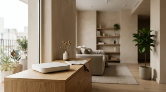 Modern wireless router with invisible network signals radiating through contemporary home interior showcasing smart home connectivity