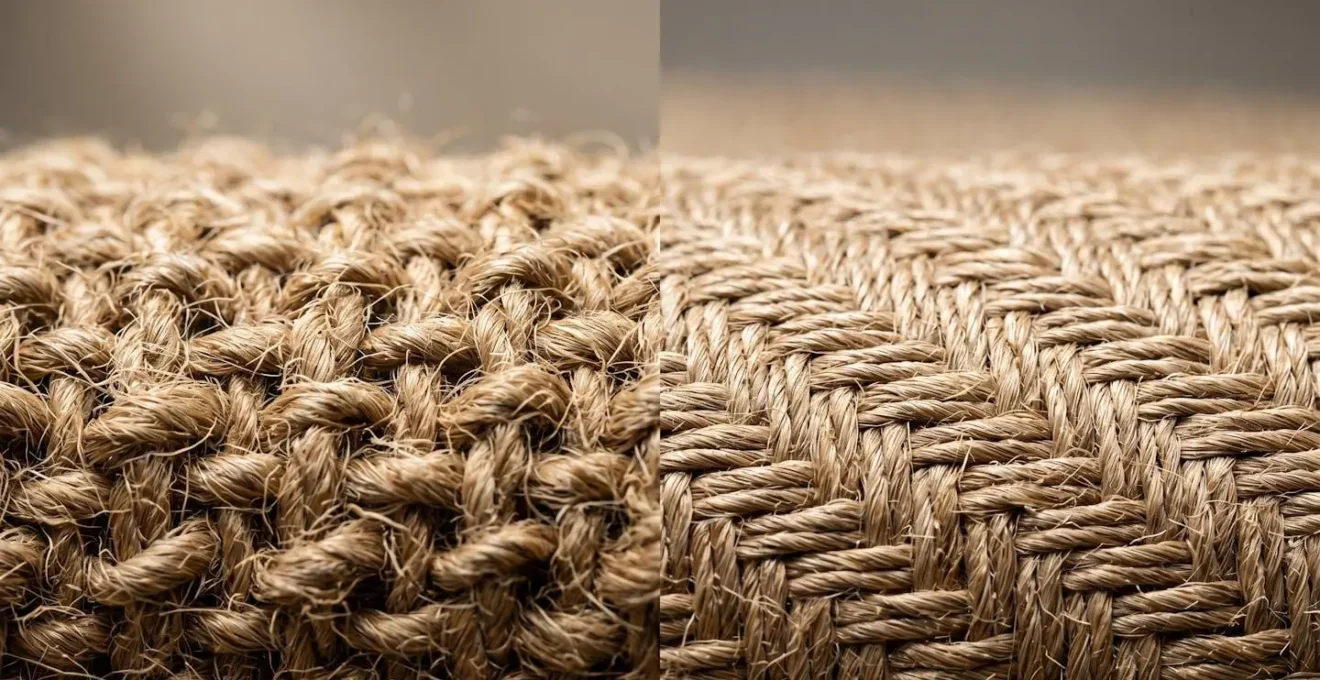 Macro comparison showing textural difference between chunky loop and flatweave jute rug construction