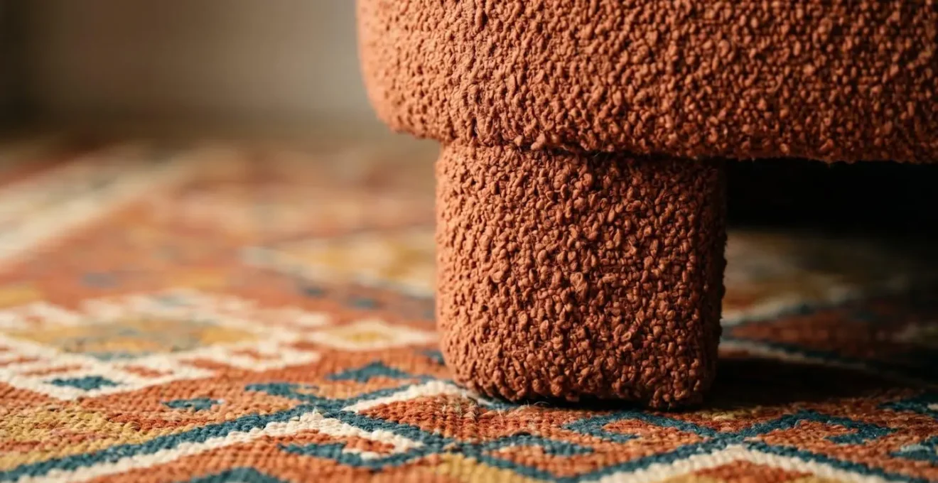 Close up detail of bouclé upholstered chair positioned on geometric kilim rug showing textural pattern harmony