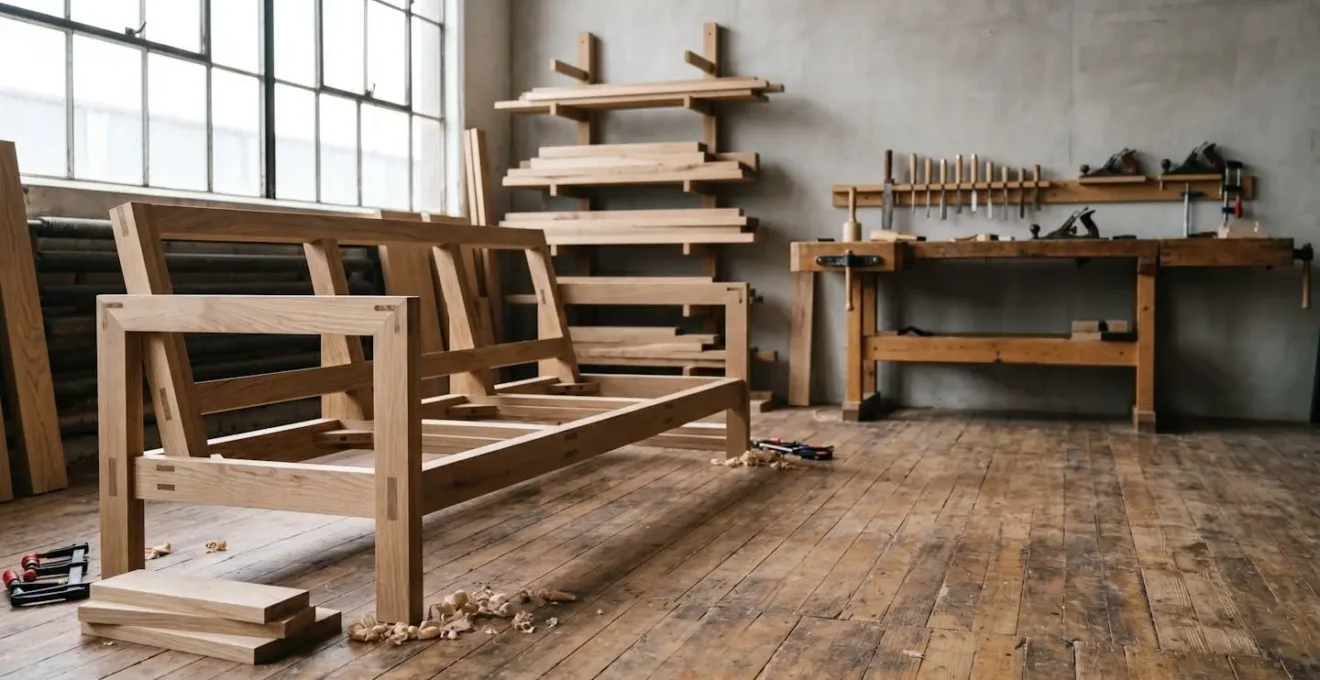 Wide-angle view of exposed kiln-dried hardwood sofa frame showing corner-blocked mortise and tenon joinery in workshop setting