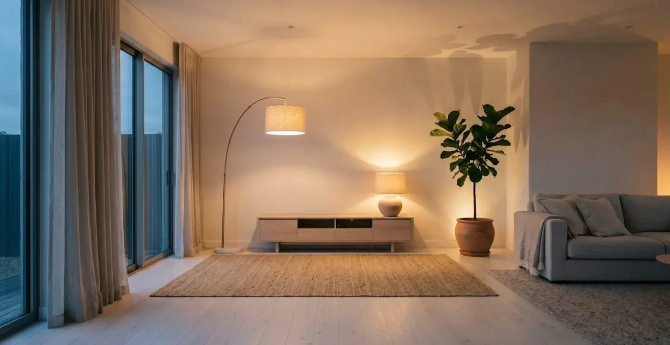 Atmospheric wide shot of a modern coastal room at dusk with multiple layered light sources creating a warm ambient glow