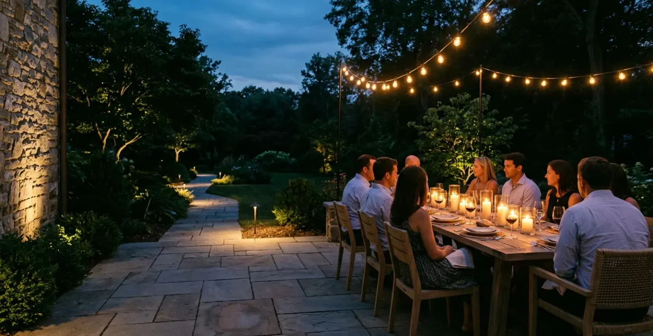 Elegant outdoor dinner table setup with layered ambient lighting creating warm evening atmosphere