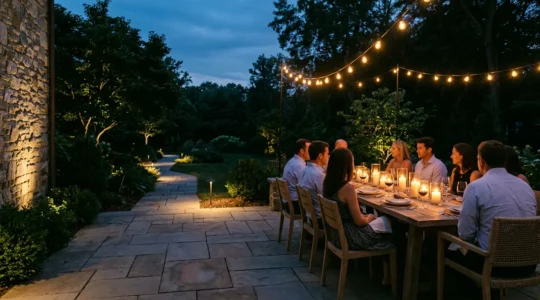 Elegant outdoor dinner table setup with layered ambient lighting creating warm evening atmosphere