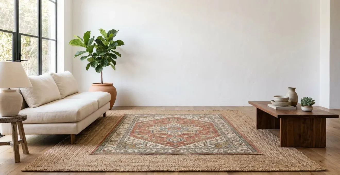 Wide shot of modern boho living room featuring layered natural jute rug with colorful patterned rug on top