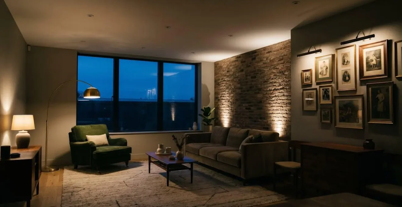 Atmospheric wide shot of eclectic living room at dusk showing distinct pools of warm light from multiple layered sources
