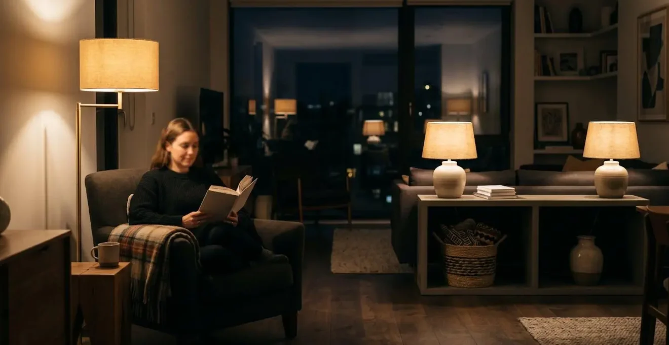 Multiple lighting sources creating distinct pools of light in an open living space without central overhead dominance