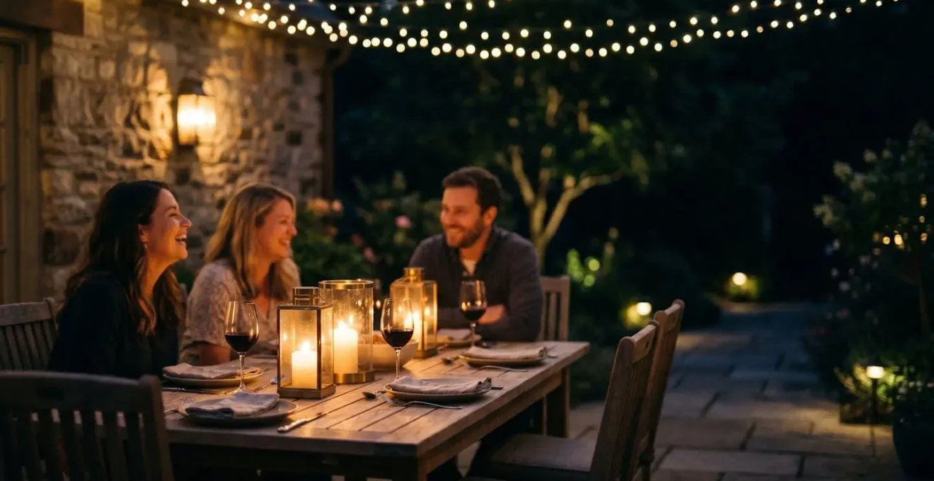 Outdoor dining area with layered lighting creating depth through human-height middle layer illumination