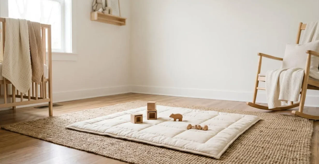 Cozy nursery corner showing layered rugs with natural jute base and soft organic cotton top layer