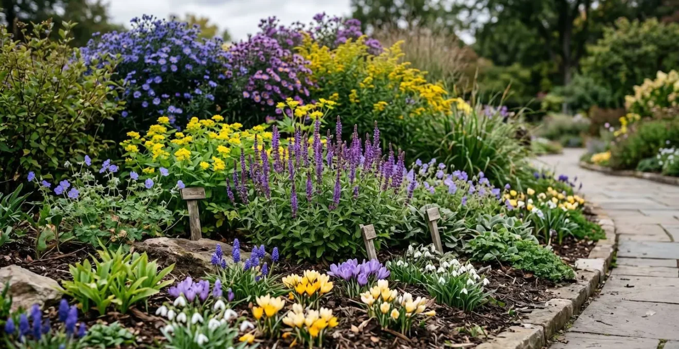 Multi-layered garden design showing early spring bulbs, summer perennials, and late-blooming flowers creating continuous color