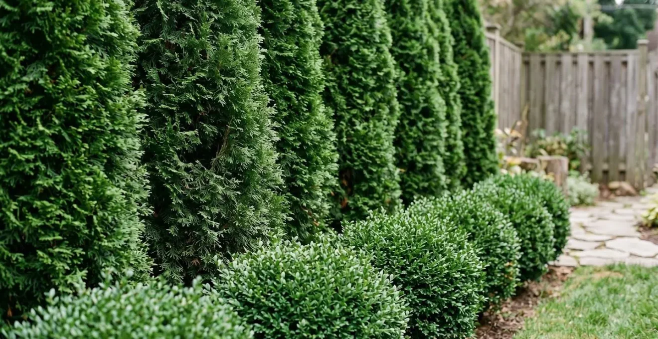 Layered privacy planting showing tall evergreen hedge with shorter complementary shrubs creating complete screening at eye level