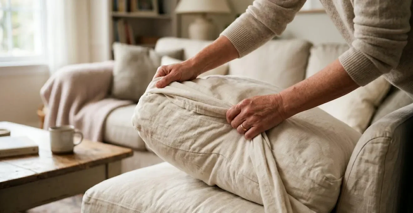 Hands removing a natural linen slipcover from sofa cushion for washing in a bright family living space