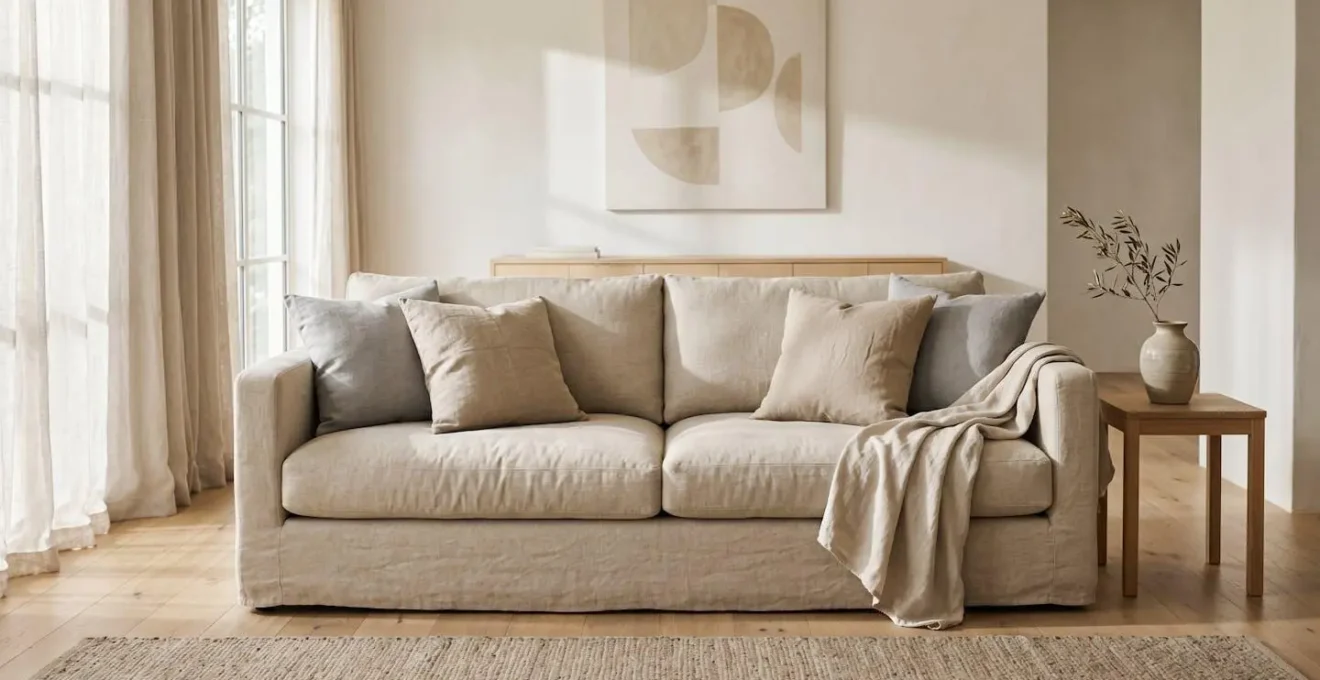 Sophisticated minimalist living room featuring natural linen upholstered sofa with characteristic texture and subtle wrinkles in soft diffused lighting
