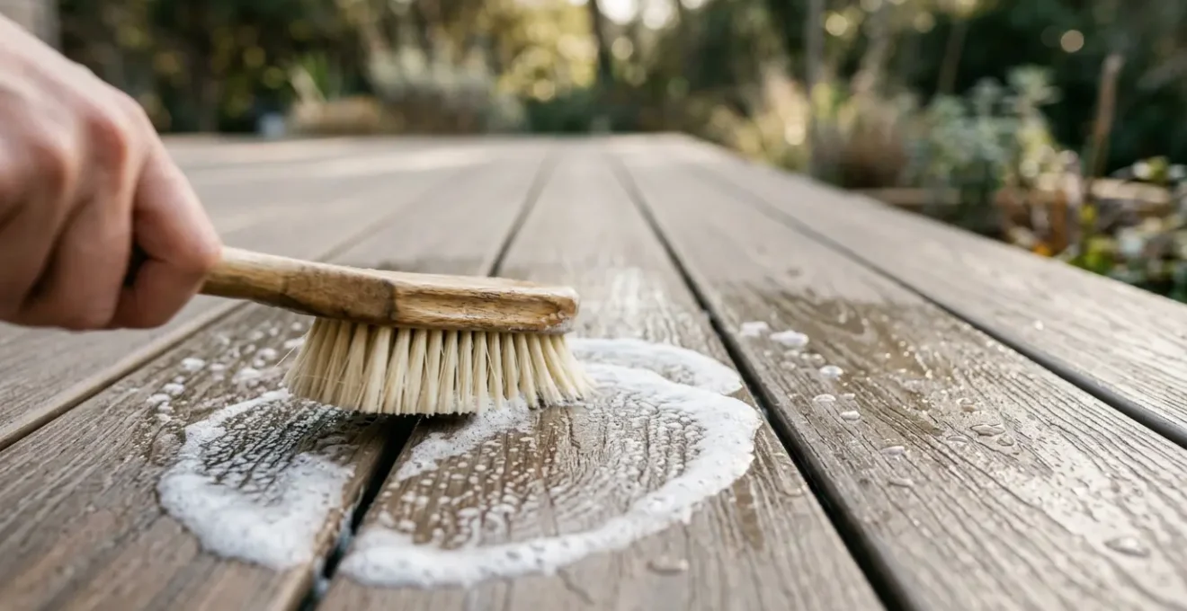 Clean composite deck surface with natural soap cleaning method showing textured planks and eco-friendly maintenance