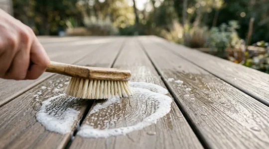 Clean composite deck surface with natural soap cleaning method showing textured planks and eco-friendly maintenance