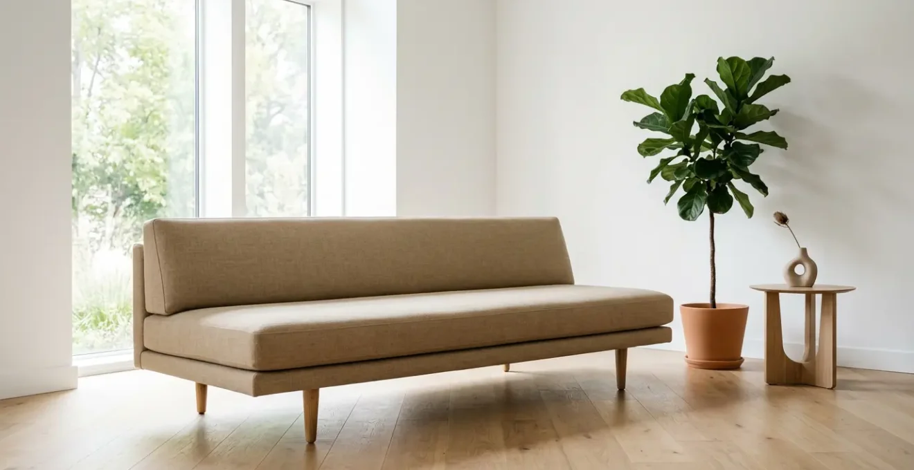 Modern low-profile sofa with raised wooden legs in a minimalist living room with natural light