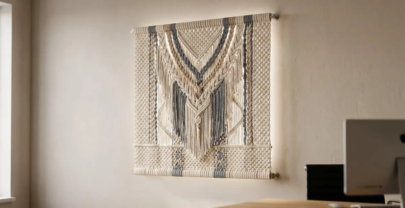 Macrame wall hanging with visible air gap behind demonstrating acoustic installation technique