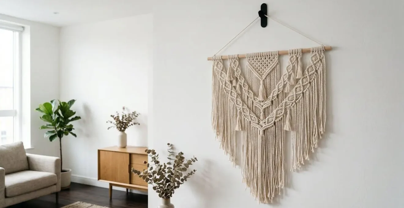 Heavy macrame wall hanging mounted on drywall with modern hardware setup