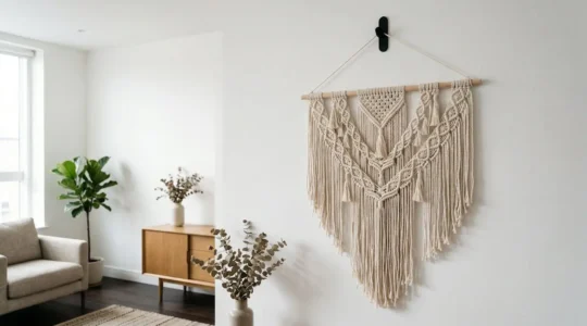 Heavy macrame wall hanging mounted on drywall with modern hardware setup