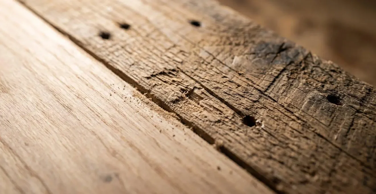 Extreme close-up of reclaimed wood grain showing natural saw marks and deep texture
