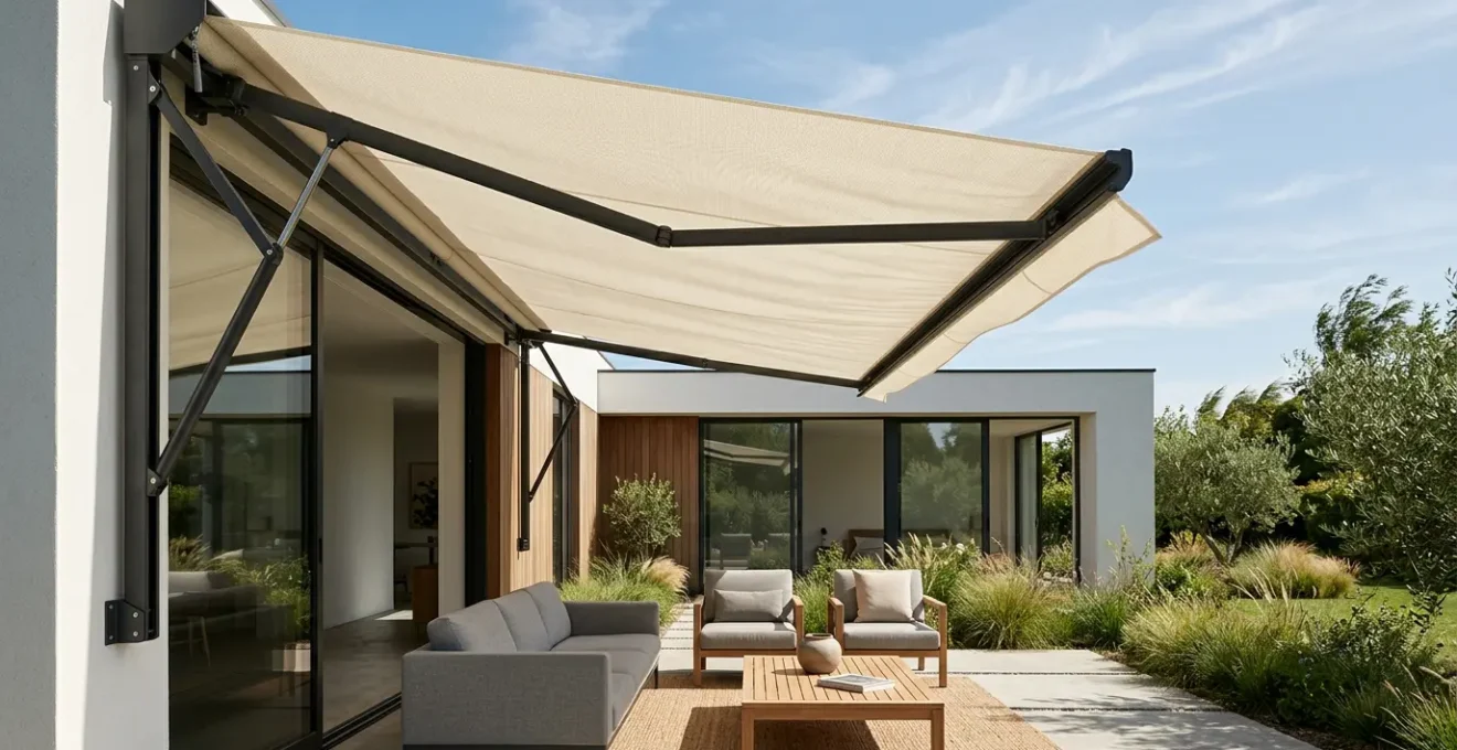 Retractable awning extended over patio during windy weather condition with clear sky