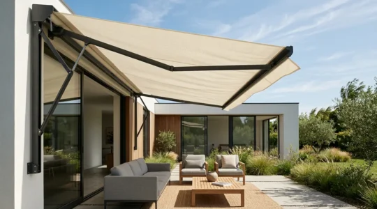 Retractable awning extended over patio during windy weather condition with clear sky