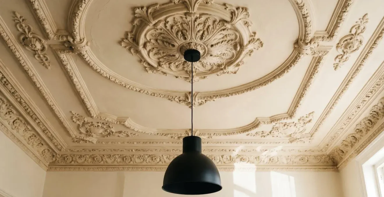 Matte black industrial pendant creating stark modern contrast against detailed Victorian ceiling plasterwork