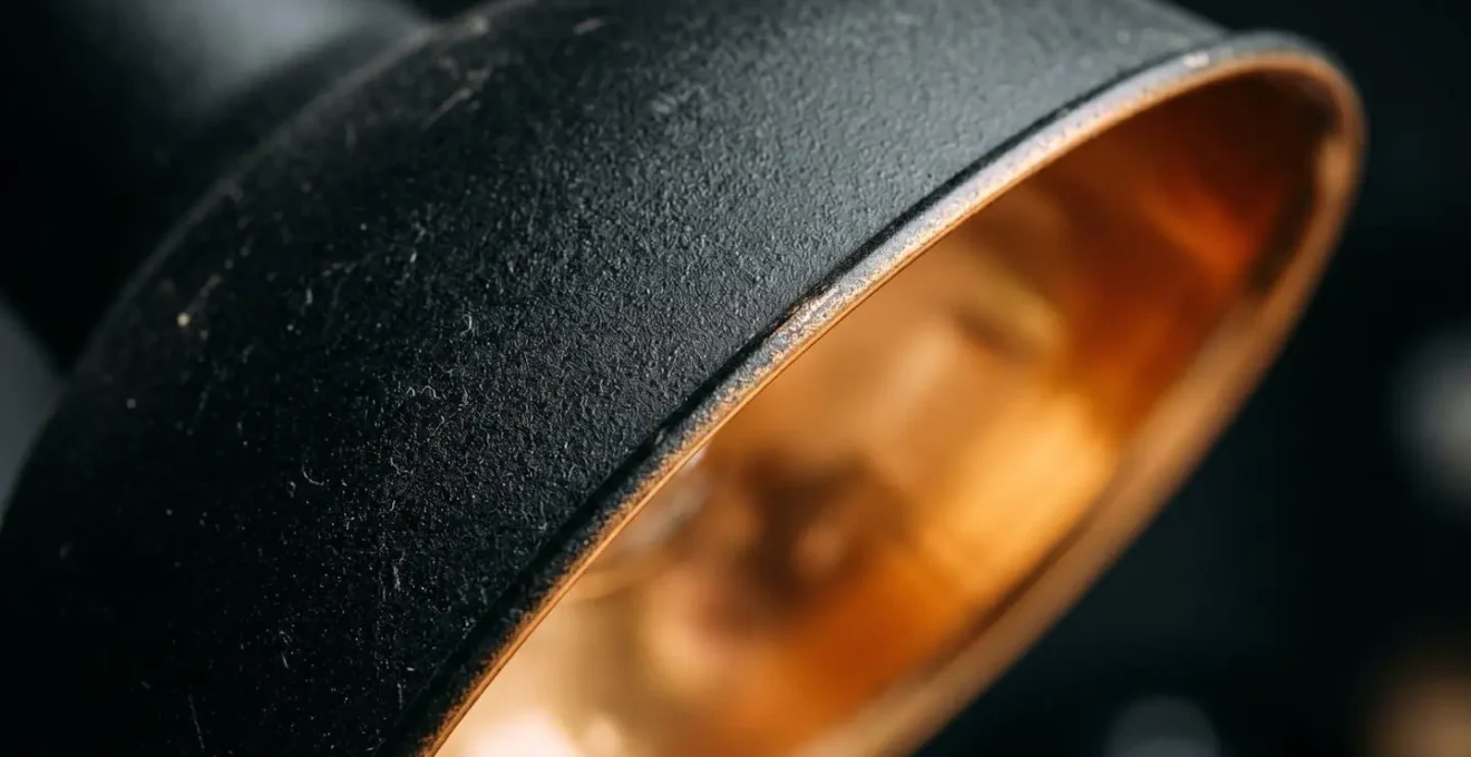 Close-up of matte black pendant lampshade with warm gold interior creating focused pools of light