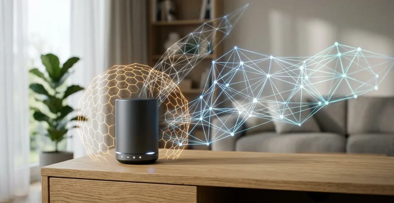 Modern smart home hub device with wireless connectivity signals in minimalist interior setting