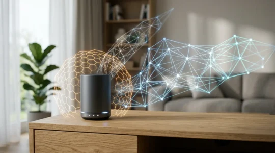 Modern smart home hub device with wireless connectivity signals in minimalist interior setting