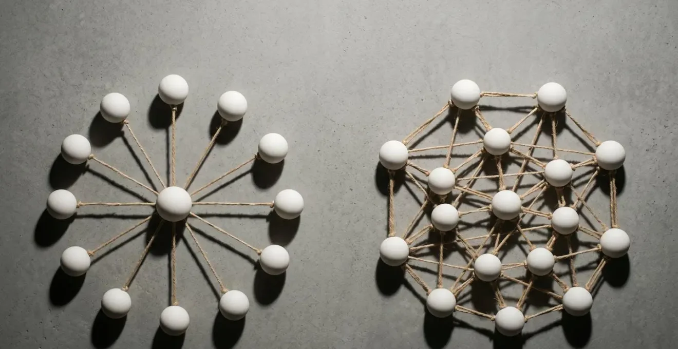 Symbolic overhead view of interconnected nodes representing mesh network topology with self-healing pathways